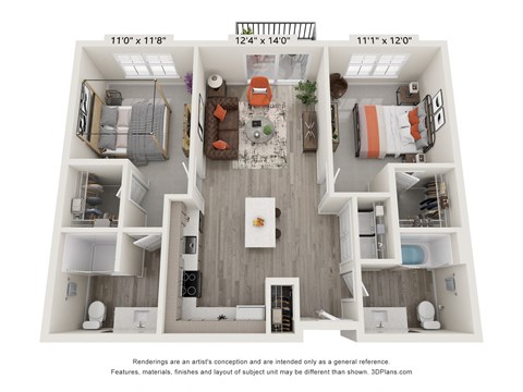 Floor plan for 2 beds, 2 baths, 939 sqft